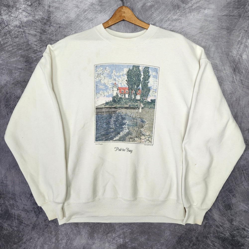 Vintage Lake Eerie Lighthouse Sweatshirt XL Jerzees USA Scenic Art Ohio 90s